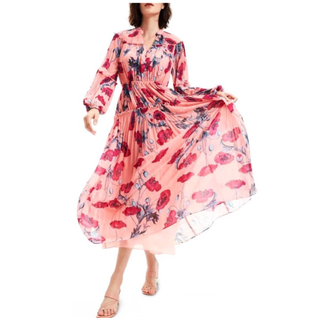 Diane Von Furstenberg Dvf Pleated Ruffle Floral Maxi Dress Sz- L Poppy Soft Pink